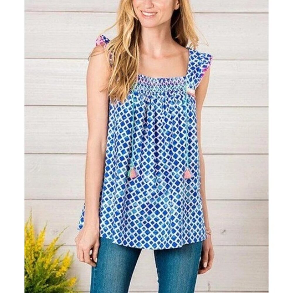 Matilda Jane Blue Wandering Waters‎ Smocked Top Sz M Boho Sleeveless Cotton NWT